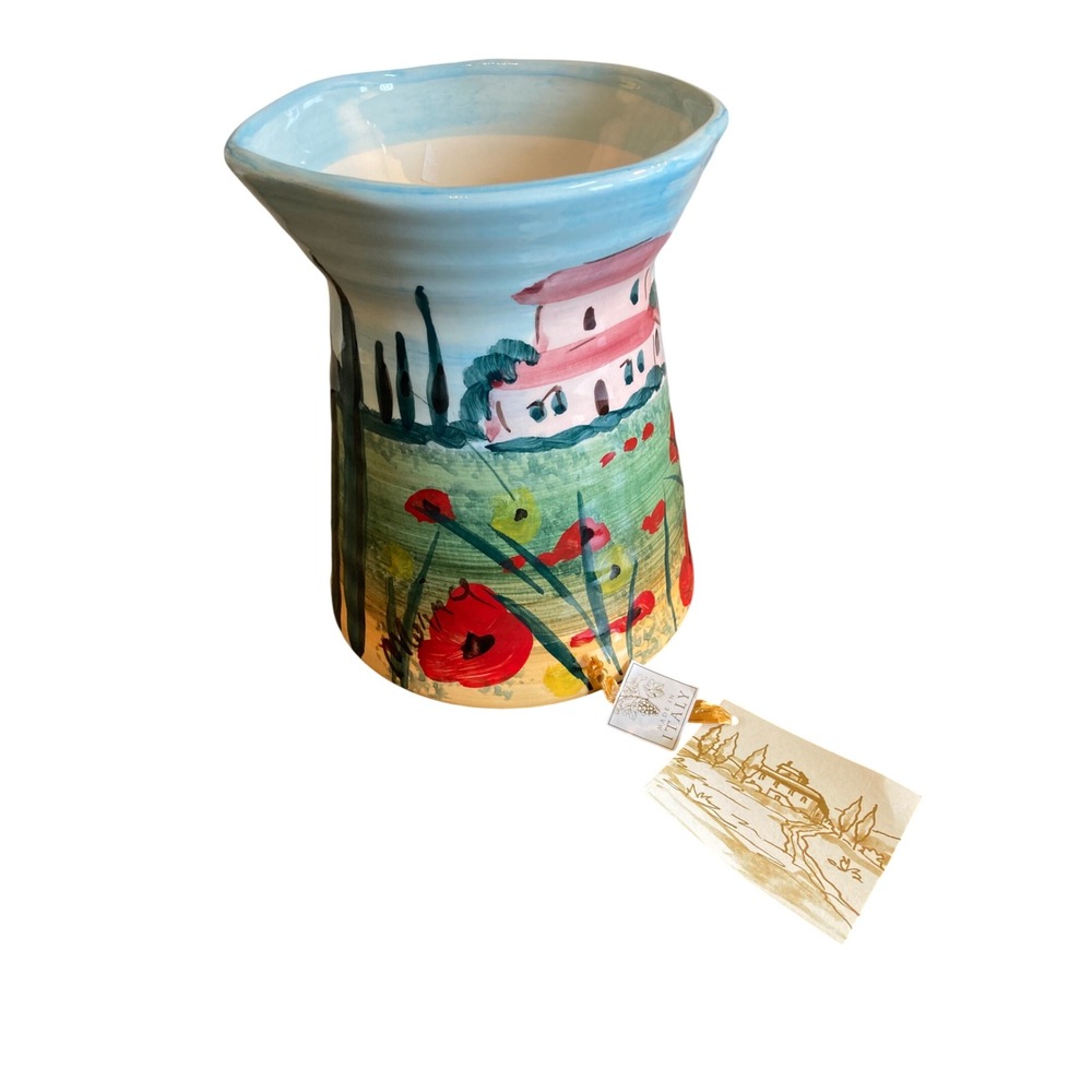 Handcrafted Tuscany Italy Ceramic Vase Hand Painted Villa Poppy Landscape 7.5in